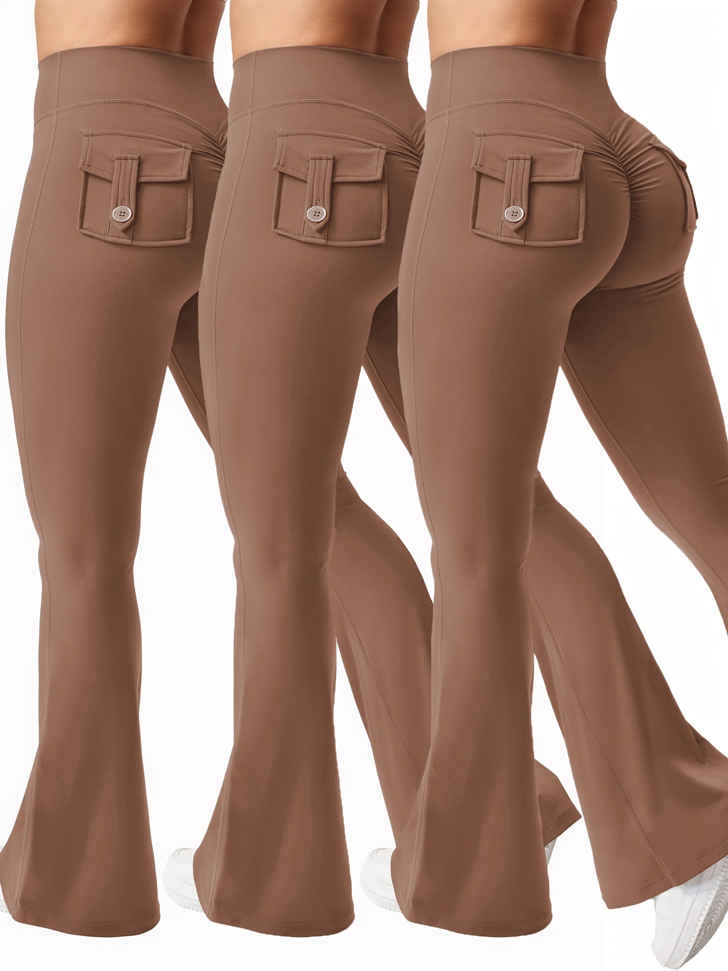 Women's Autumn 3pcs Set, New Style Casual Flared Yoga Pants, Training Flared Trousers, High-Waist Workwear with Belt and Pockets, Sportswear, Halloween Costume, Christmas Apparel