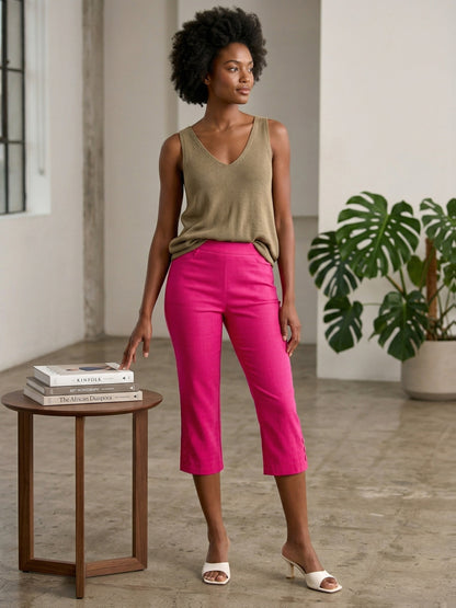 Women'S High-waisted Slim-fitting Capri Pants, Suitable For, Work And Daily Wear, With Pockets
