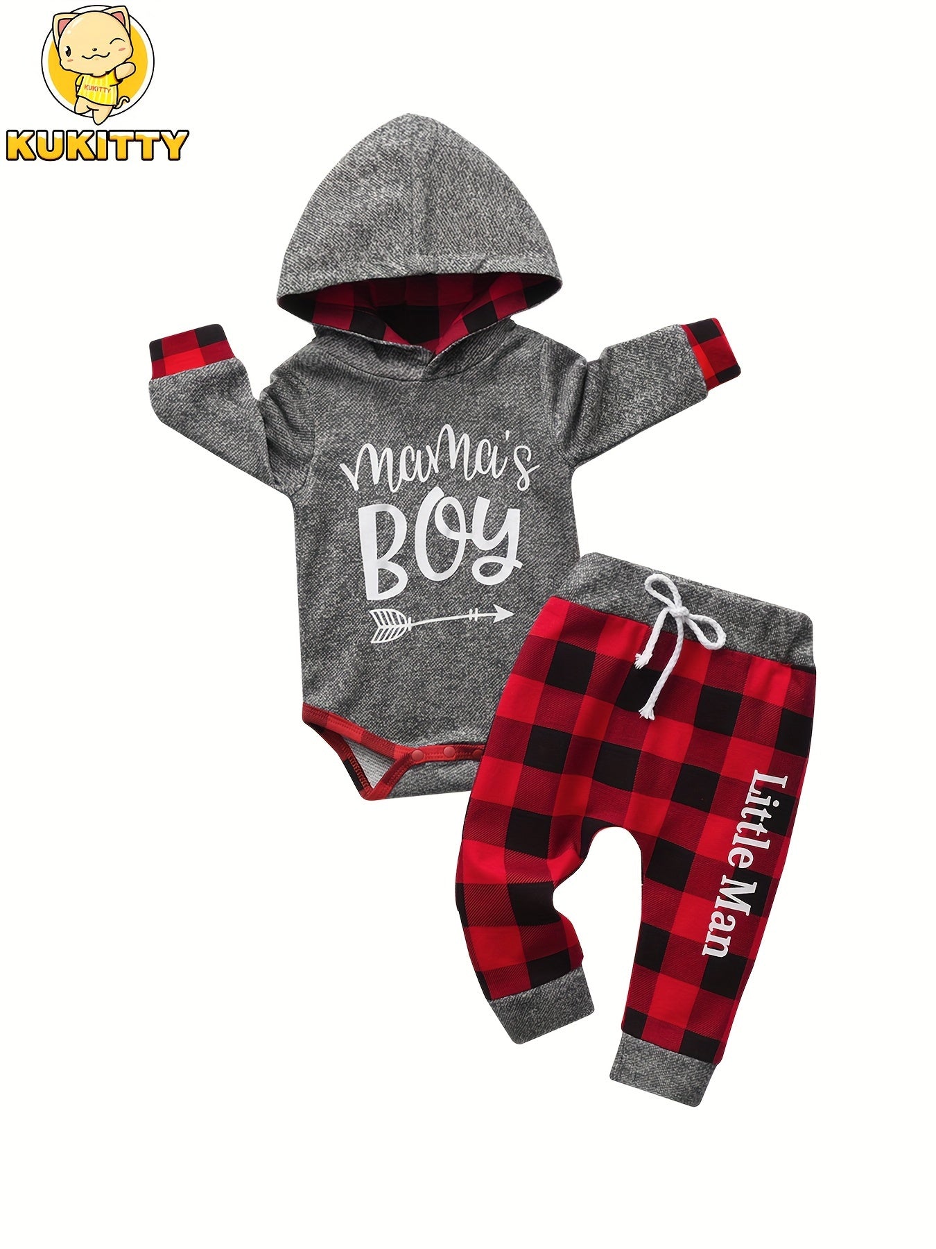 Kukitty Baby Boy Clothes 'Mama'S Boy' Letter Printed Hoodie Sweatshirt Tops And Plaid Pants, 2pcs Fall Winter Outfit Set, for Outdoor
