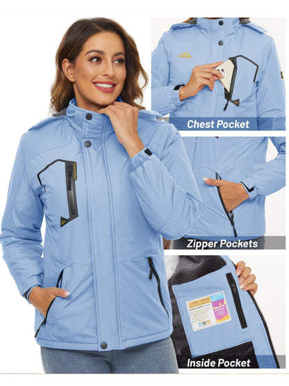 Women'S Warm Ski Jackets Winter Windproof Thermal Fleece Lined Coats Outdoor Detachable Hooded Heavy Weight Thick Jacket Camping Climbing Traveling Snowboard Windbreaker