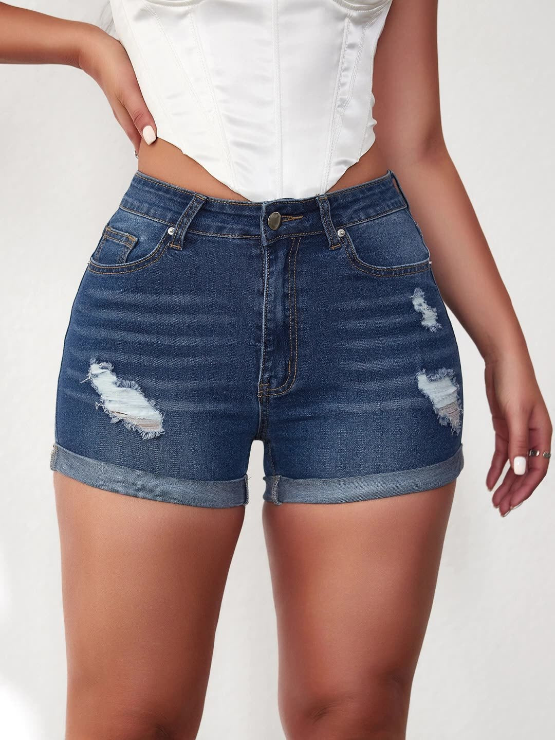 2025 Summer Western Distressed Denim Shorts, High-Stretch Cuffed, Trendy Comfort, Ships Fast!