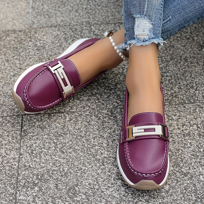 Women's Lightweight Slip-On Flats with Metallic Buckle Accents - Casual Faux Cover Shoes for Autumn, Multi-Color Options (Black, White, Green, Purple, Brown, Blue), Cute Shoes, Simple Toe Design, Women Shoes