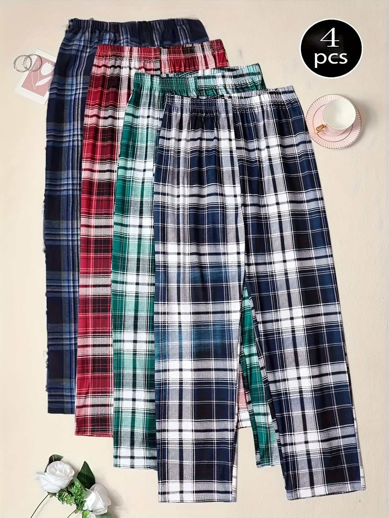 4pcs Set of Spring And Summer Men'S New 4pcs Plaid Pants, Spring And Autumn Loose And Suitable for Outdoor Wear, 4pcs Combination Set of Home Pants