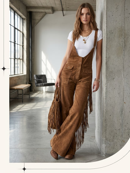 Vintage Fringe Detail Overalls, Loose Wide Leg Design, Fashion Youthful Casual Style, Daily Outing Travel Outfit, Versatile Multi-Occasion Wear