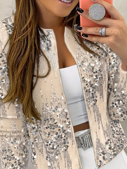 A Short Jacket with A Silvery Sequined Zipper Design In The European And American Style. It's A Long-sleeved Cardigan And A Niche Outerwear for The Autumn Of 2025. It's A Fashionable And Versatile Coat That Catches The Eye for Parties And Dates