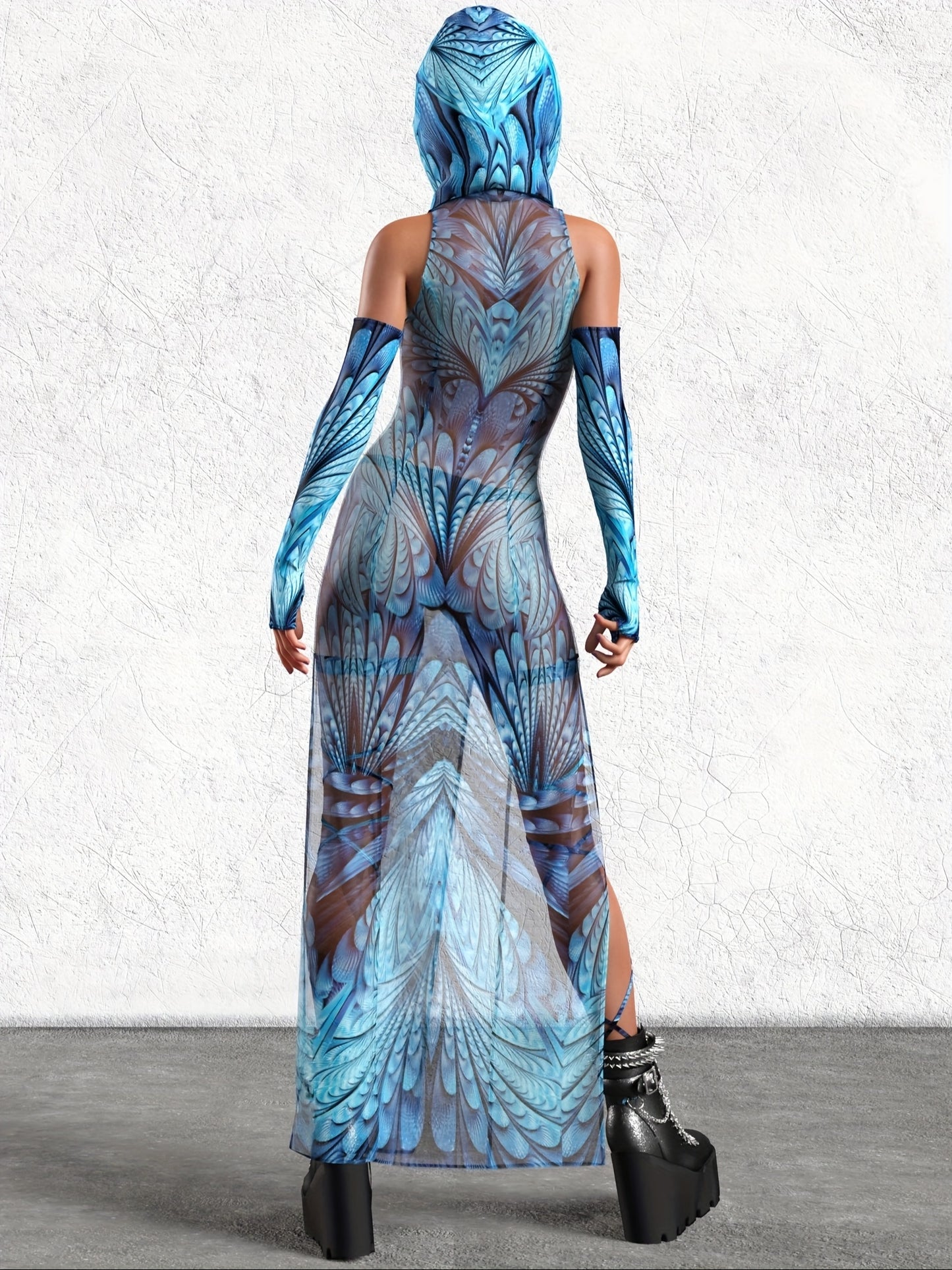 Mesh Festival Outfit for Women, Sheer Rave Long Dress for Women, Festival Cutout Long Dress, Festival Dress, Rave Outfit, Rave Hood Woman Halloween Costumes