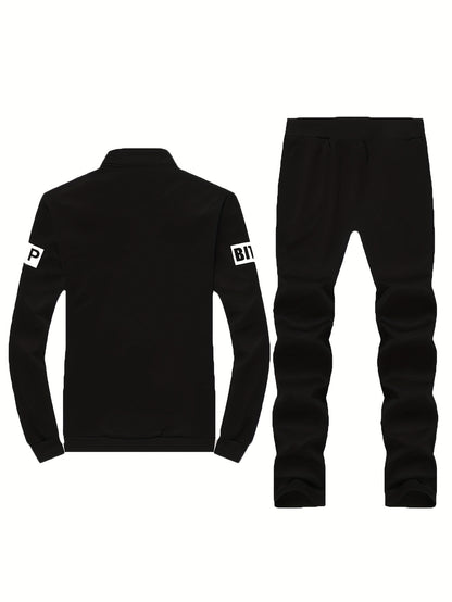 Men'S Navy Blue Tracksuit Set for Spring And Autumn - Zip-Up Jacket with 'SPORT' Print And Joggers, Made of 100%, Non-Stretch Material, Featuring Pockets
