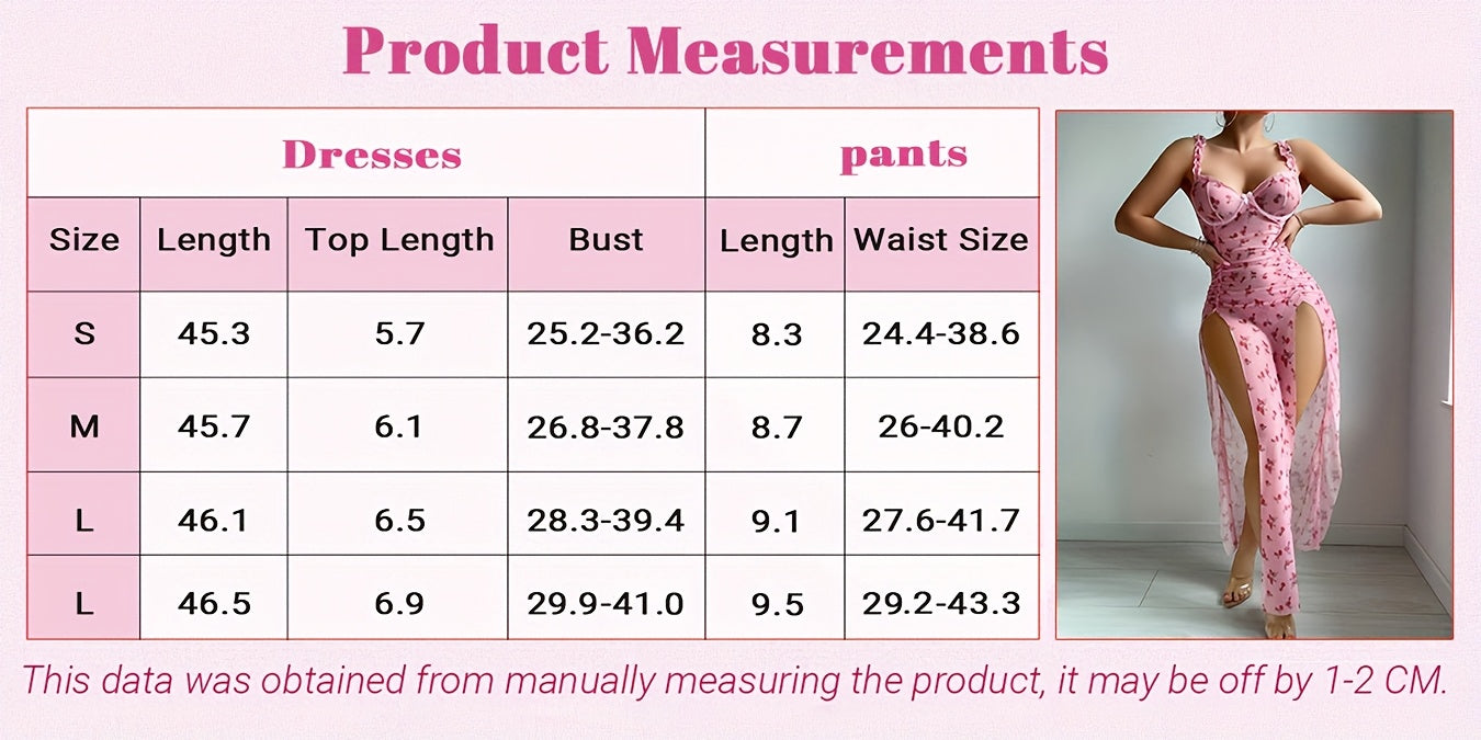 2pcs Women's Elegant Sheer Gauze Long Camisole Dress Set, with Ruffled Straps, Underwire and Thong - Ideal Choice for a Romantic Night