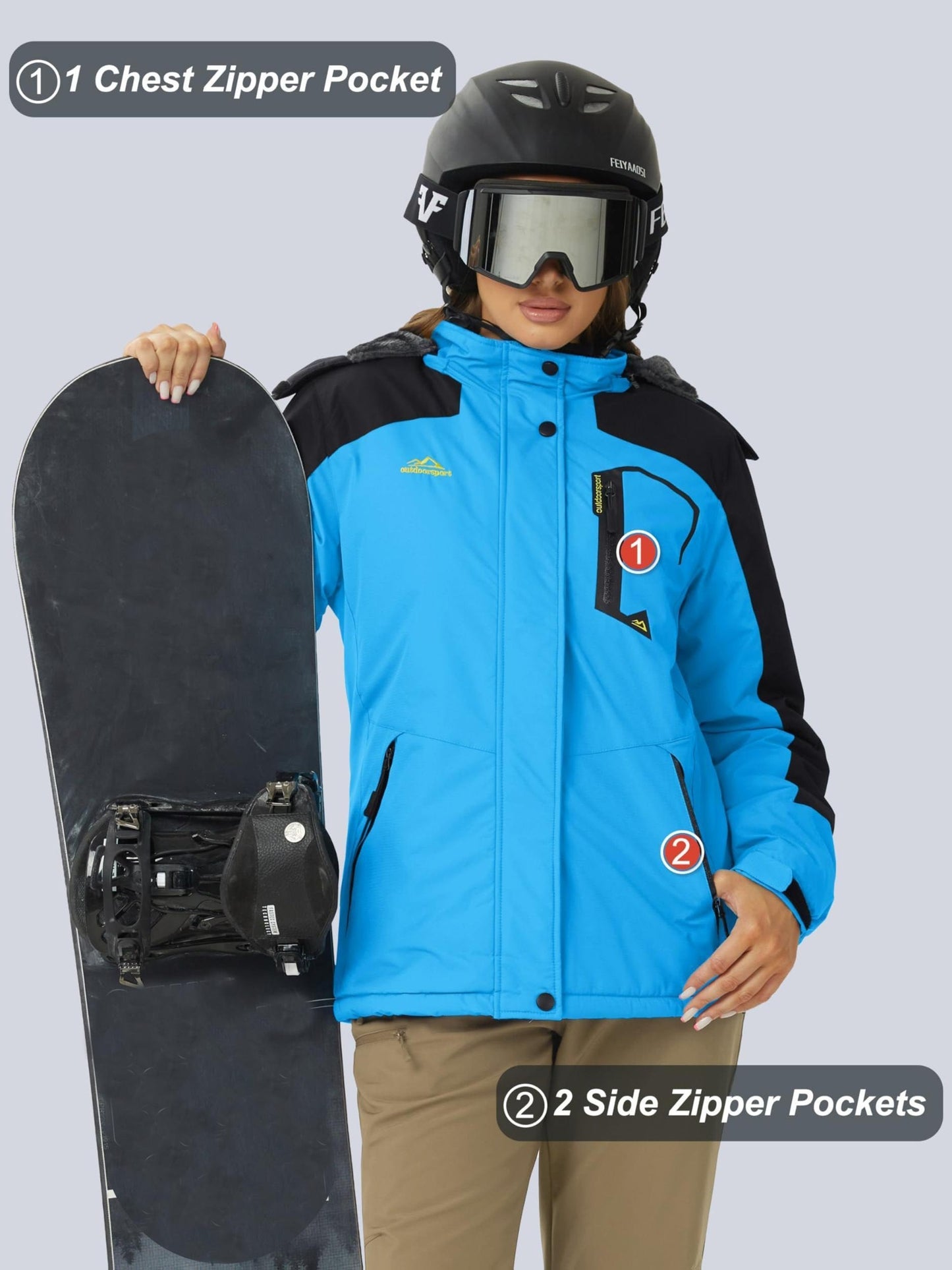 [Winter Jacket for Women]Women'S Ski Snowboard Jacket Thermal Fleece Insulated Snow Jacket Casual Work Jacket Coat Windbreaker Parka 4 Pockets Camping Snow Jacket Warm Winter Hiking Fleece Lined Jacket
