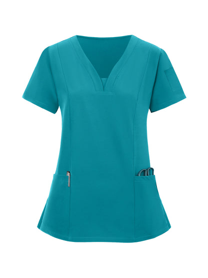 2pcs Women's Breathable V-Neck Work Uniform - Machine Washable Pocket Detail Matching Top & Pants, Casual Work Clothes Suitable for Work Uniforms, Healthcare, Education, Retail - Comfortable Professional Attire