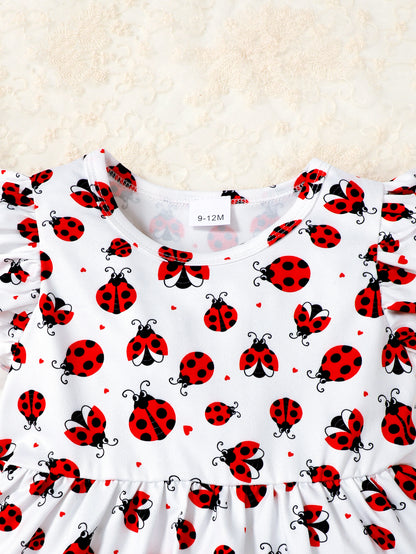 Baby Girl's Ruffle Trim Sleeve Cute Graphic Ladybug T-shirt & Shorts Outdoor Set, Toddler Girl Casual Summer Outfit