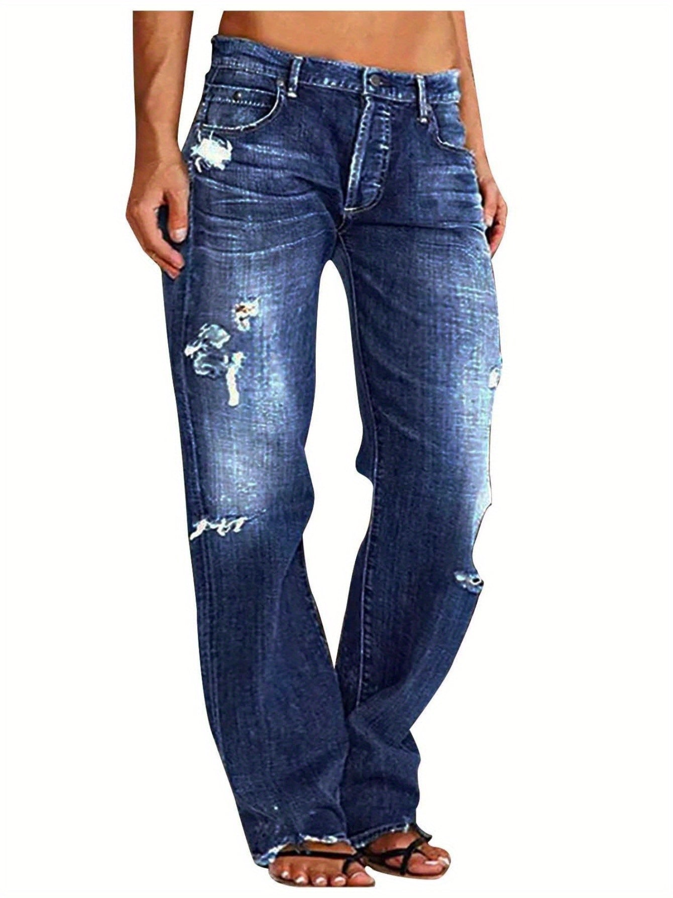 1 Women's Ripped Flare Wide Leg Slightly Stretchy Jeans - Fashion Distressed Casual Streetwear - US Size XS-XXL