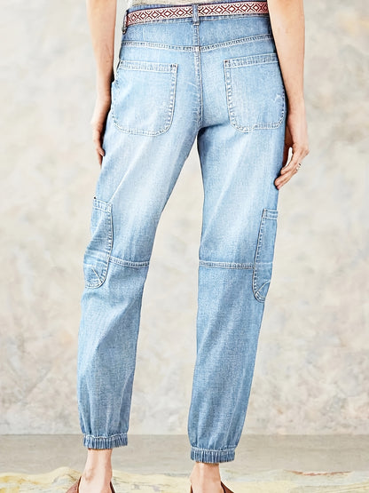[Hme]Women'S Casual Denim Cargo Pants, Cropped Length, Multi-Pocket, Elastic Waist, Washed End, All-Season, Button Fly, Medium Stretch Fabric, Vintage Style, Fashionable for Weekend - No Belt