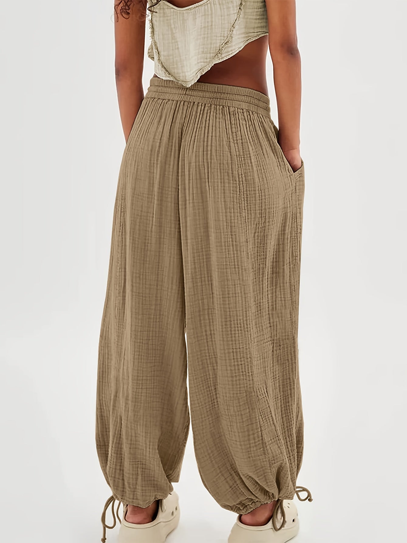 Autumn And Winter Women's Casual Pants, Khaki, Pockets, Wide Legs, Drawstring, Loose Fit, Everyday Commuting Wide-leg Pants.