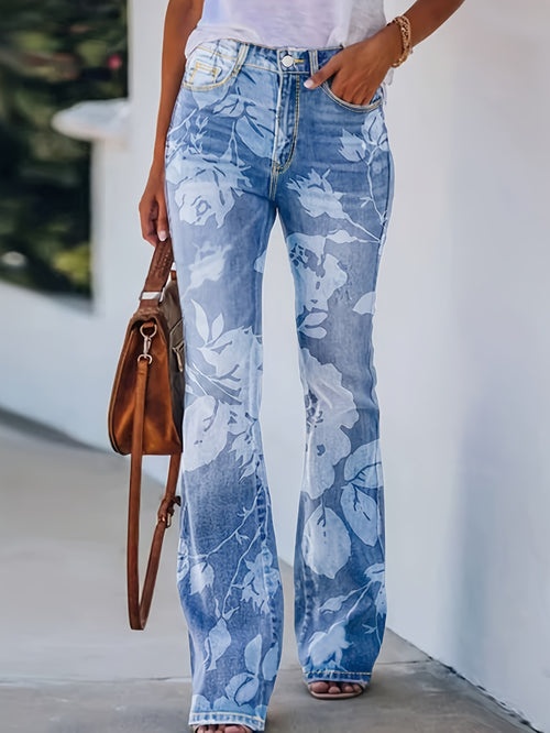 High-Waisted Elastic Printed Wide-Leg Retro Flared Pants for Women, Versatile And Stylish Jeans for Everyday Wear