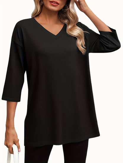 Three-piece Women's Fashion Large 3/4 Sleeve Top, V-neck y Casual Side-slit Shirt, Loose Basic Seven-quarter Sleeve T-shirt
