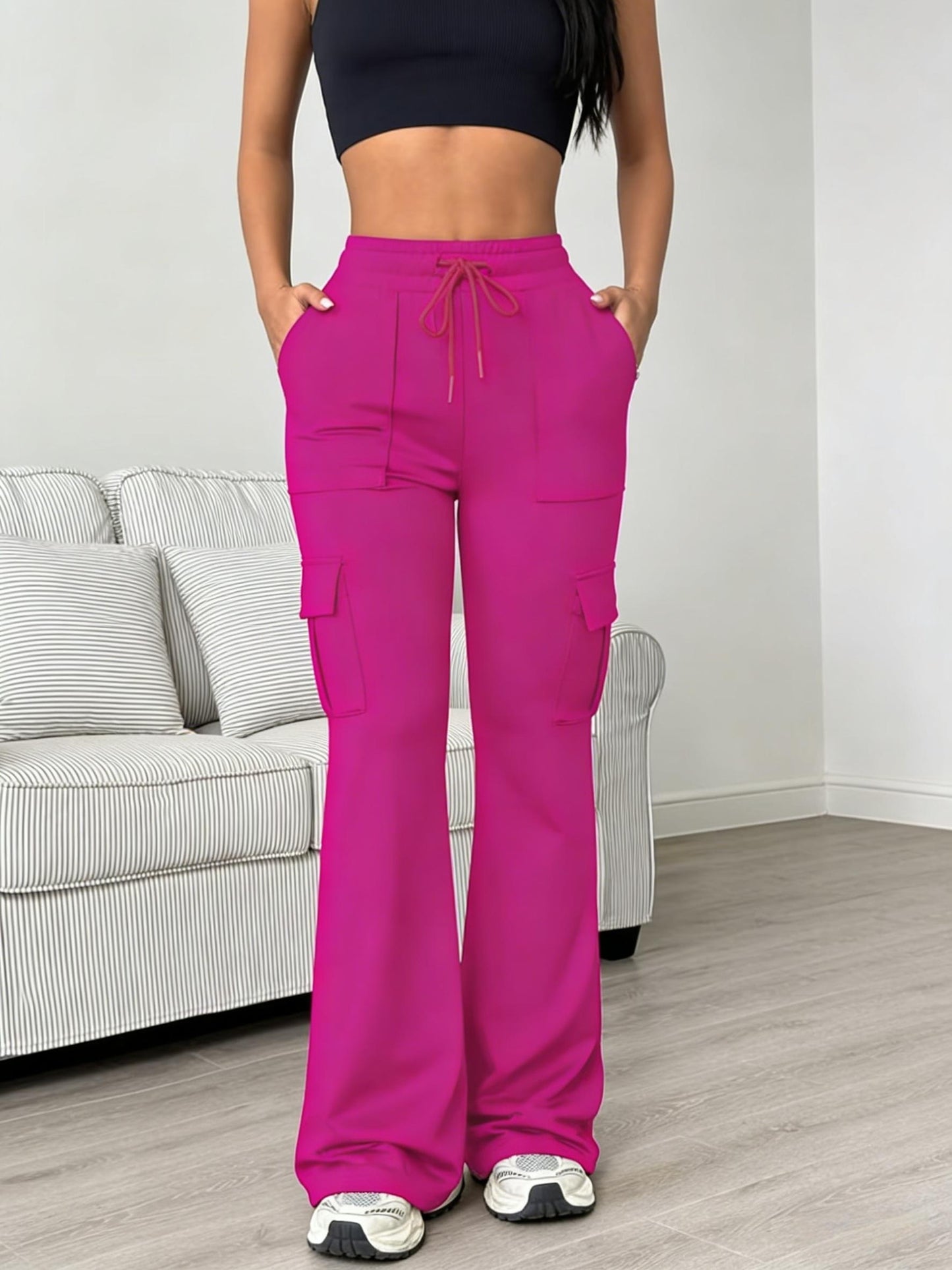 Women'S Solid Color Casual Drawstring Wide-Leg Sweatpants With Pockets, Elastic Waist Micro Flare Cargo Pants, Stretchy Pants For Daily Casual & Wear