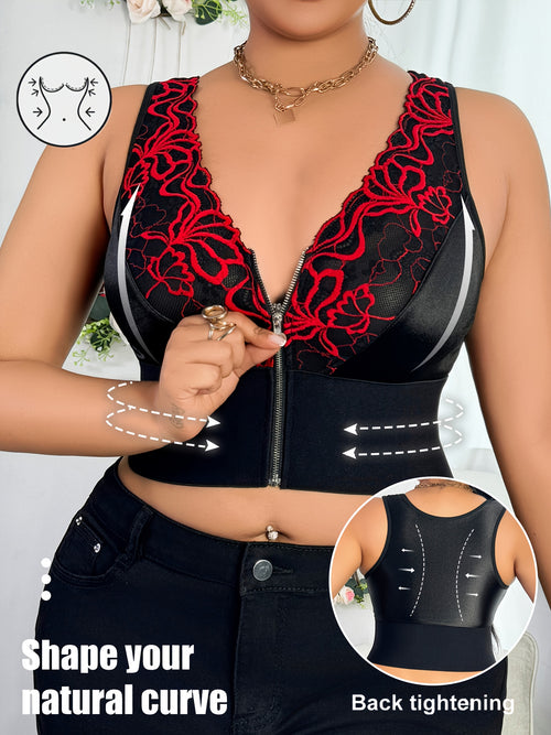 Women's Plus Size Full-Coverage Wire-Free Bra & Shaping Sleeveless Tank Top - Adjustable Zipper Closure, Lace Flower Print, Back-Tightening Shaping Design, Soft Stretch Fabric for Daily Wear & Special Occasions - Lingerie (Hand Washable, No Underwire)