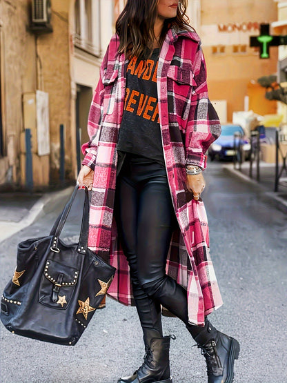 Autumn And Winter Long Trench Coat with Side Slits, Notch Collar, Casual And Comfortable, Tailored Fit, Women's Plaid Coat.
