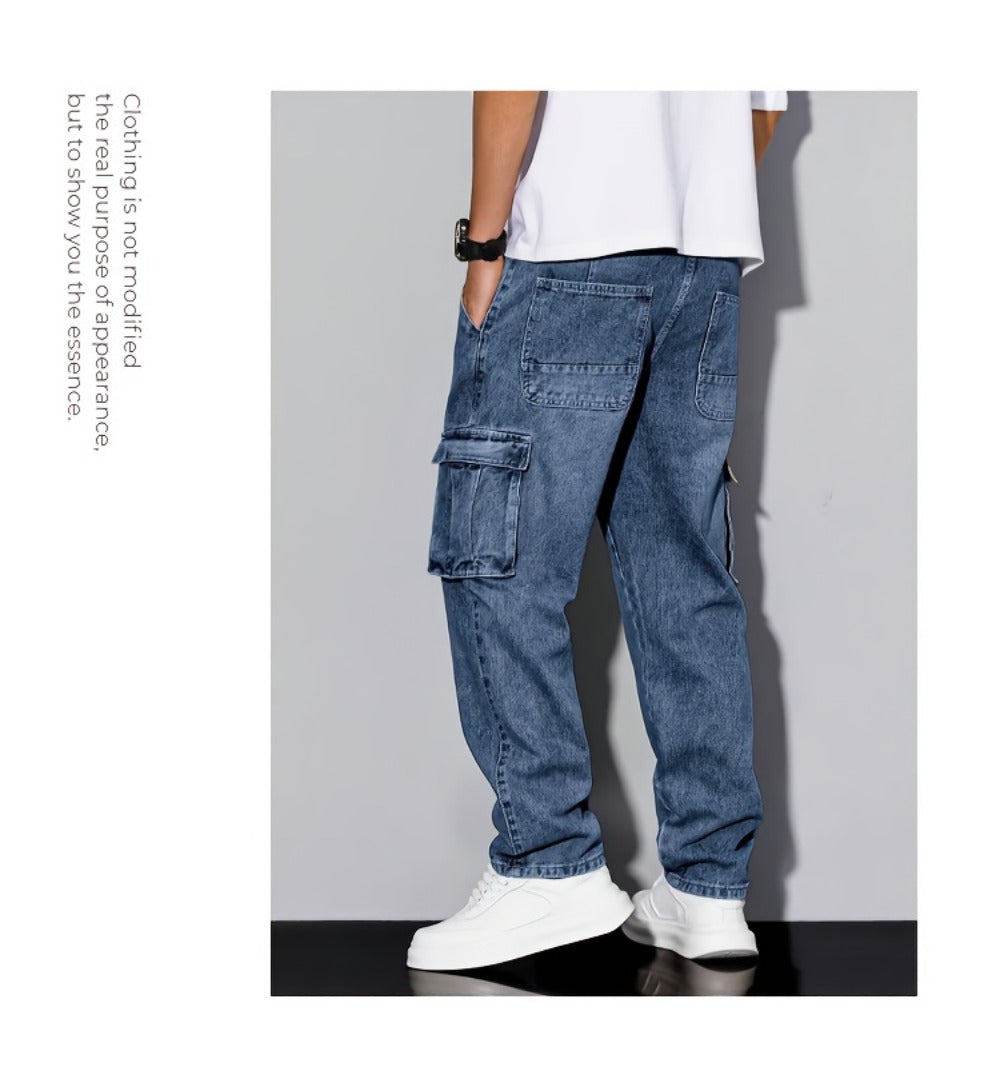 Men's Workwear Straight Leg Jeans - Loose Multi-Pocket Washed Denim