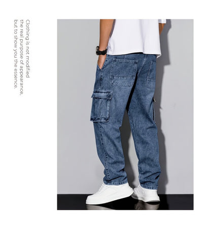 Men's Workwear Straight Leg Jeans - Loose Multi-Pocket Washed Denim