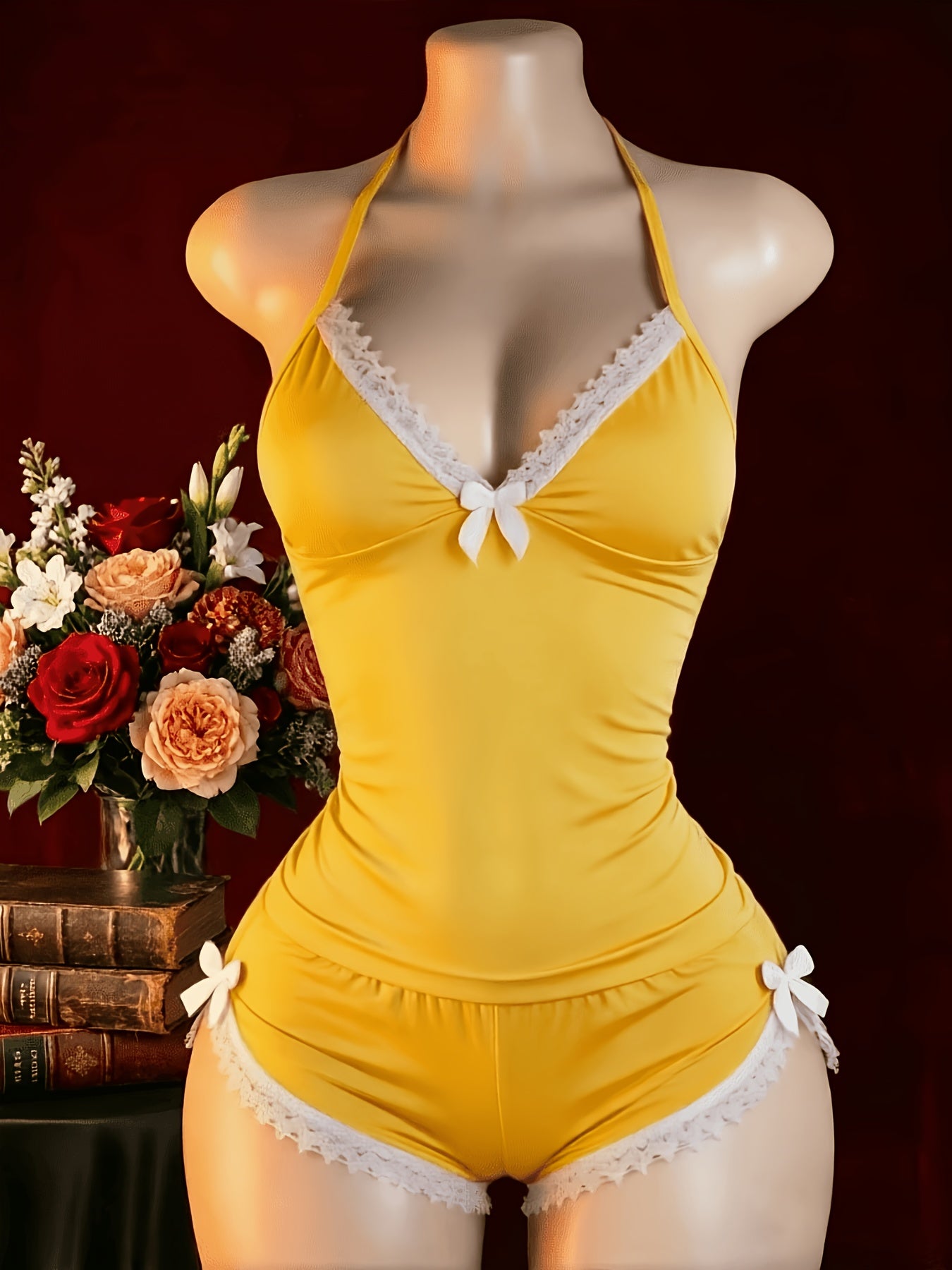 New Arrival Lingerie Seductive Halter Ruffle Sexy 2pcs Pajama Set, Women's Cami & Shorts Loungewear