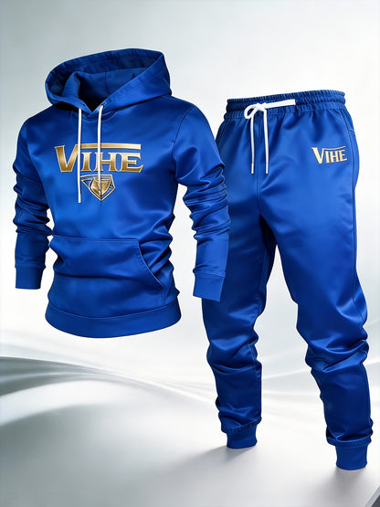 [VIHE Gradient Faux Denim Print Hooded Set] Men'S Hooded Sweatshirt And Jogger Pants, Faux Denim Print Gradient Texture Design, Golden VIHE Brand Logo Accent, Relaxed Fit for Daily Casual/Retro Style Wear, Faux Denim Print Texture Combines Comfort