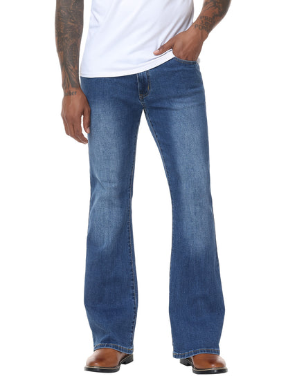 Men's Vintage 70s Retro Bell Bottom Jeans - Wide- Flare Pants with Mid-Stretch Blend, Beltless Suitable for Disco Parties, Night Out & Casual Attire, Machine Washable Mid-Rise Bottoms