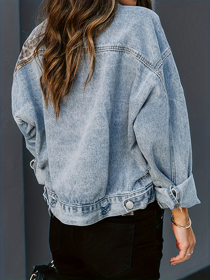 [Long Sleeved Leopard Print Denim Jacket] Women's Collar Leopard Print Long Sleeved Denim Jacket, Single Breasted, Cropped Denim Jacket, Women's Denim Clothing