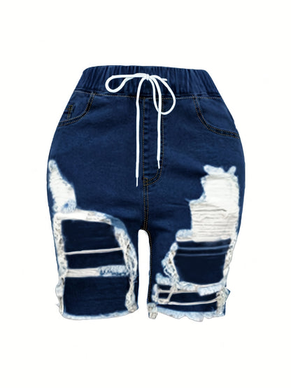 Ladies' Fashionable Ripped Denim Shorts, Mid Waist Straight Leg Pants, Waist Drawstring Design, Frayed Edges with Pockets, Summer Casual Wear