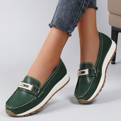 Women's Lightweight Slip-On Flats with Metallic Buckle Accents - Casual Faux Cover Shoes for Autumn, Multi-Color Options (Black, White, Green, Purple, Brown, Blue), Cute Shoes, Simple Toe Design, Women Shoes
