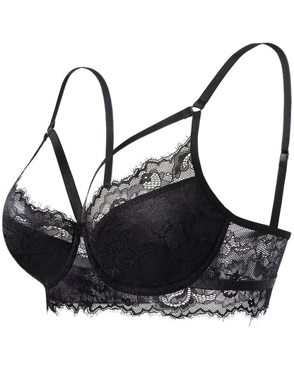 Elegant Women's Lace Gathering Bra Fashion Cross Strap Hollow Out Design Casual Daily Bra