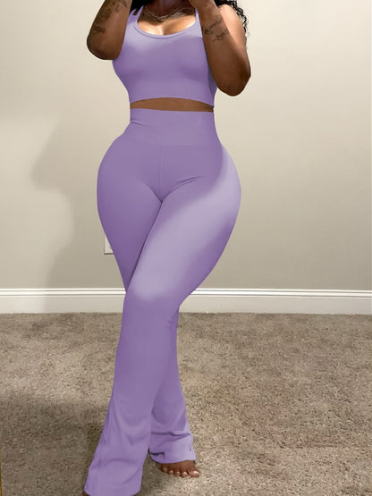 Casual 2pcs Outfits for Women Short Tank Top Crop High Waist Flare Pants Sets