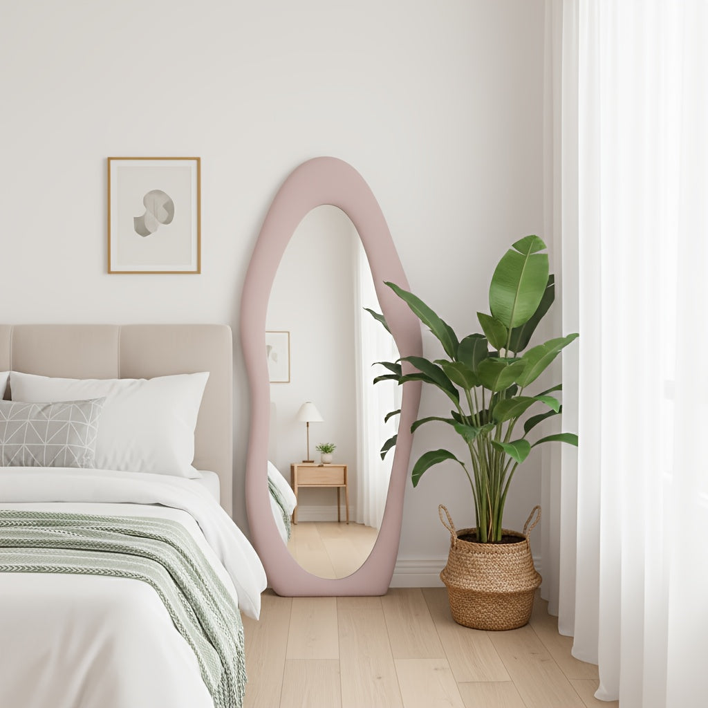 Irregular Velvet Frame Full Length Mirror Safe Rounded Corner for Kids Room (Milk Tea, White, Black, Green, Pink, Blue)