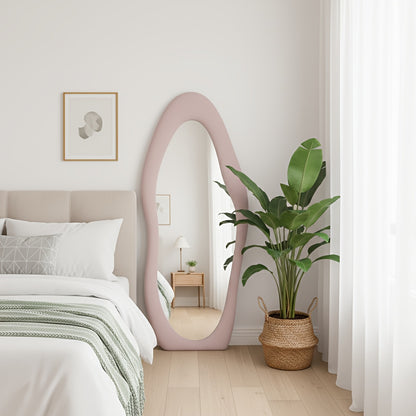 Irregular Velvet Frame Full Length Mirror Safe Rounded Corner for Kids Room (Milk Tea, White, Black, Green, Pink, Blue)