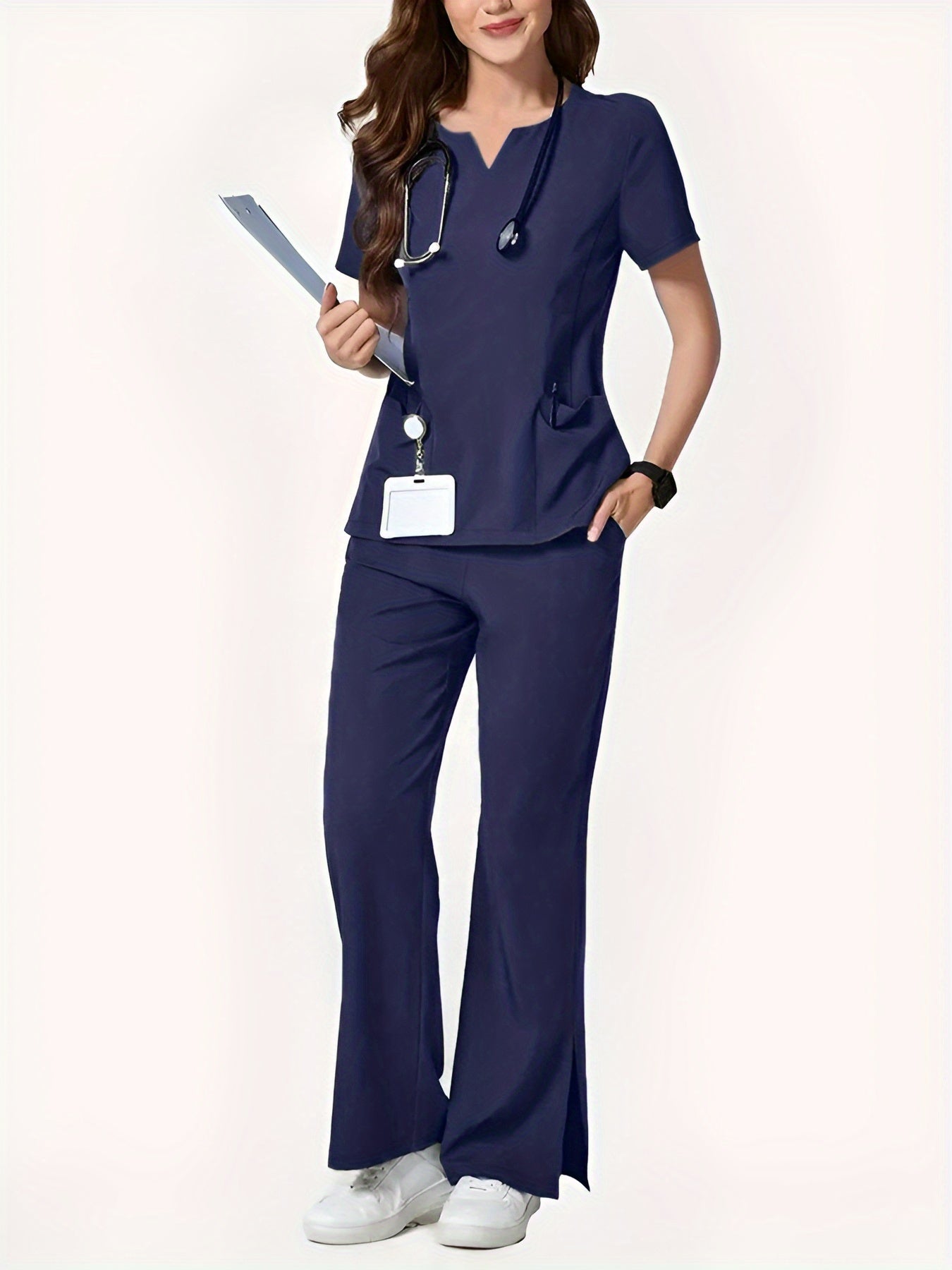 Two-Piece Easy And Comfortable Breathable Brushing Gloves Set for Work Uniforms, V-Neck Short-Sleeved Front-Pocket Comfortable Top And Slit Straight-Leg Trousers, All-Season Wear, Perfect for Healthcare, Dental, And Pet Hospital Professionals