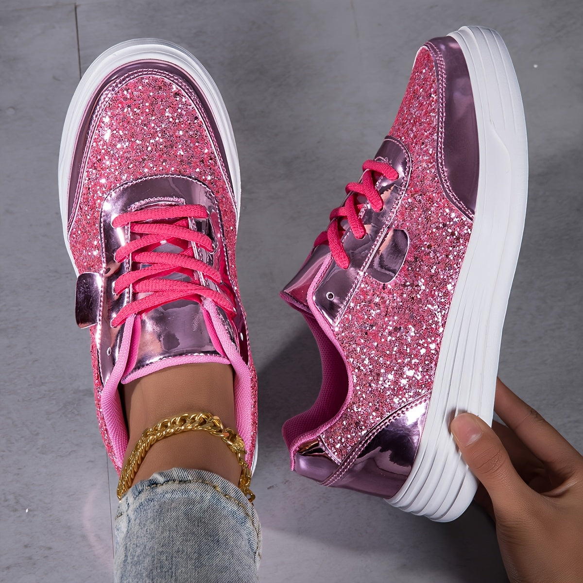 Women'S Fashionable Shiny Sports Shoes with Sequins | Running, Street Skateboard, Anti-slip, Spring and Summer, Mesh Breathable, Laced, Thick-soled Height-increasing, Low-top Walking Shoes, Polyurethane Upper, EVA Sole, Women Shoes, Sneakers
