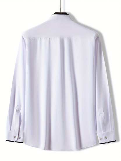 Color Block Fold-Up Collar Crystal Buckle Formal Shirt Men'S Long Sleeve Contrast Color Stretch Iron-Free Business Casual Top with Loan Fashion Cardigan Shirt