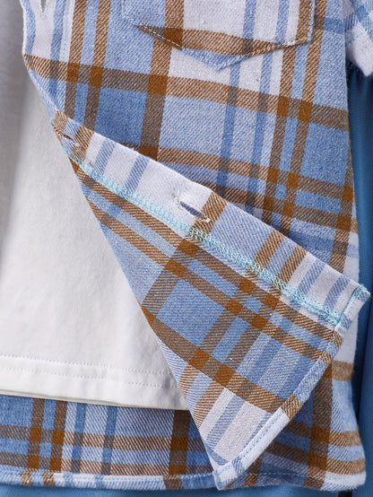 2pcs, Children's Short-sleeved Plaid Shirt Shorts Hooded Top Cardigan Fashion Casual Children's Shorts Set, Perfect for Outdoor
