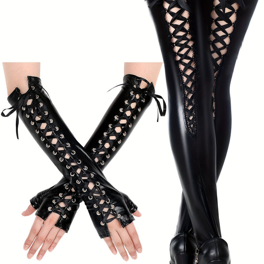2pcs Women's Gothic Costume Set with Shiny Fingerless Gloves & Thigh-High Stockings - Full Set with Cuff & Buckle Closure, Spiked Elbow & Toe Design - Faux All-in-One Outfit for Halloween, Cosplay, Themed Parties & Photo Shoots - Comfortable &