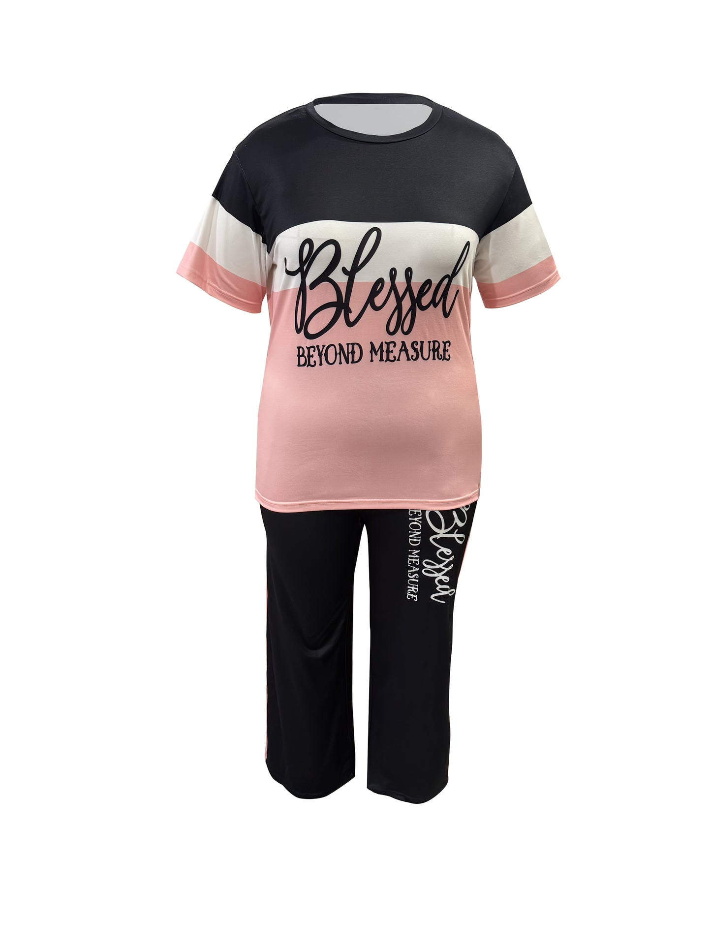 Plus Size, Ladies' Casual Short-sleeved Trousers Suit, Striped Print Letter Blessing, Loose Trousers with Pockets