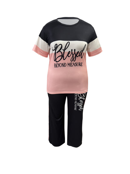Plus Size, Ladies' Casual Short-sleeved Trousers Suit, Striped Print Letter Blessing, Loose Trousers with Pockets