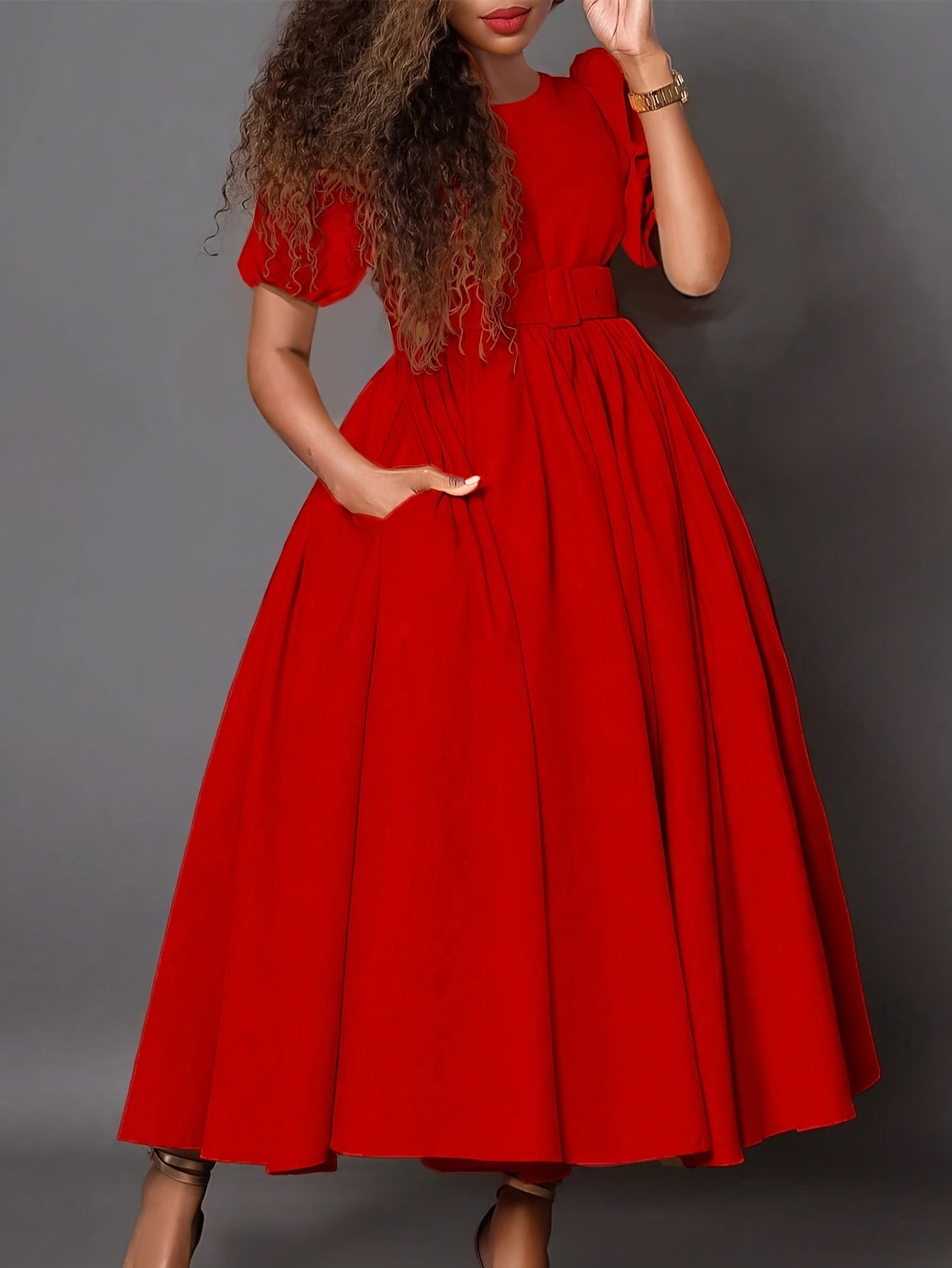 Local Elegant Fashion Women's Dress Spring/Summer Waist-Cinched Elegance Lady Large-Skirt Solid Color with Pocket Belted Dress
