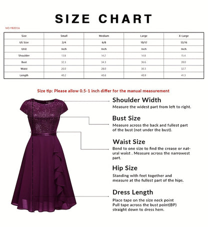 Y82016 Elegant Women's Glitter Sequin Chiffon A-Line Bridesmaid Dress with Cap Sleeves & Ruffled Hem - Sparkling Wedding Party Dress for Bridesmaids, Prom, Birthday, Formal Evening Gown - Machine Washable Chiffon