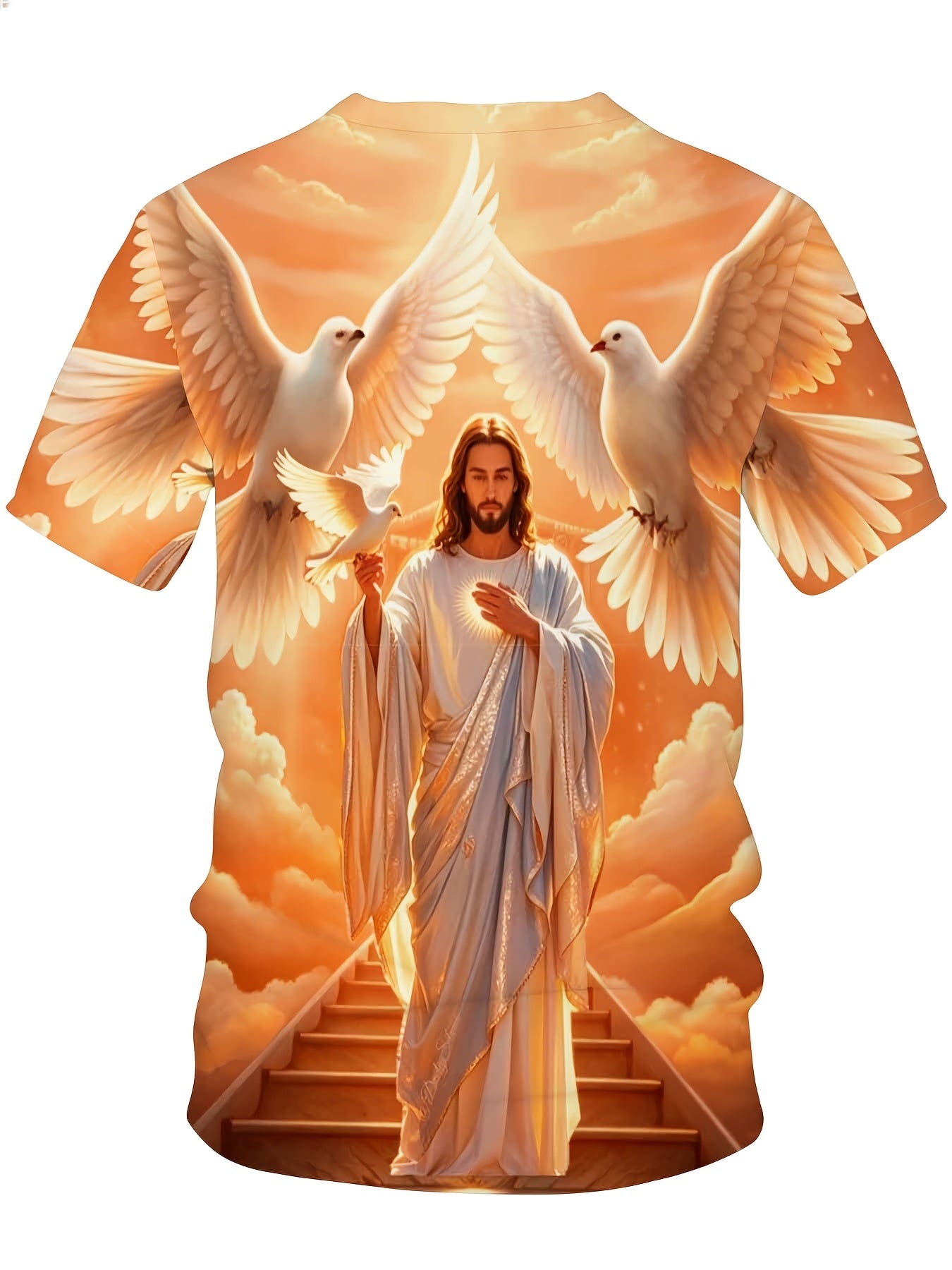 Jesus Christ With Doves And Heavenly Stairs Religious Christian T-Shirt For Men Full Print Design Faith Inspired Apparel, Plus Size