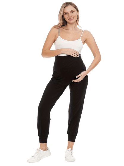 2pcs Women's Maternity High-Waisted Stretchy Pants - 95% Rayon 5% Spandex Tummy Control Elastic Waistband, 7/8 Length with Pockets for Running, Lounge & Postpartum - All-Season Comfort (Black & Grey), Maternity Pants, Pregnancy Clothing, Solid Color Pants