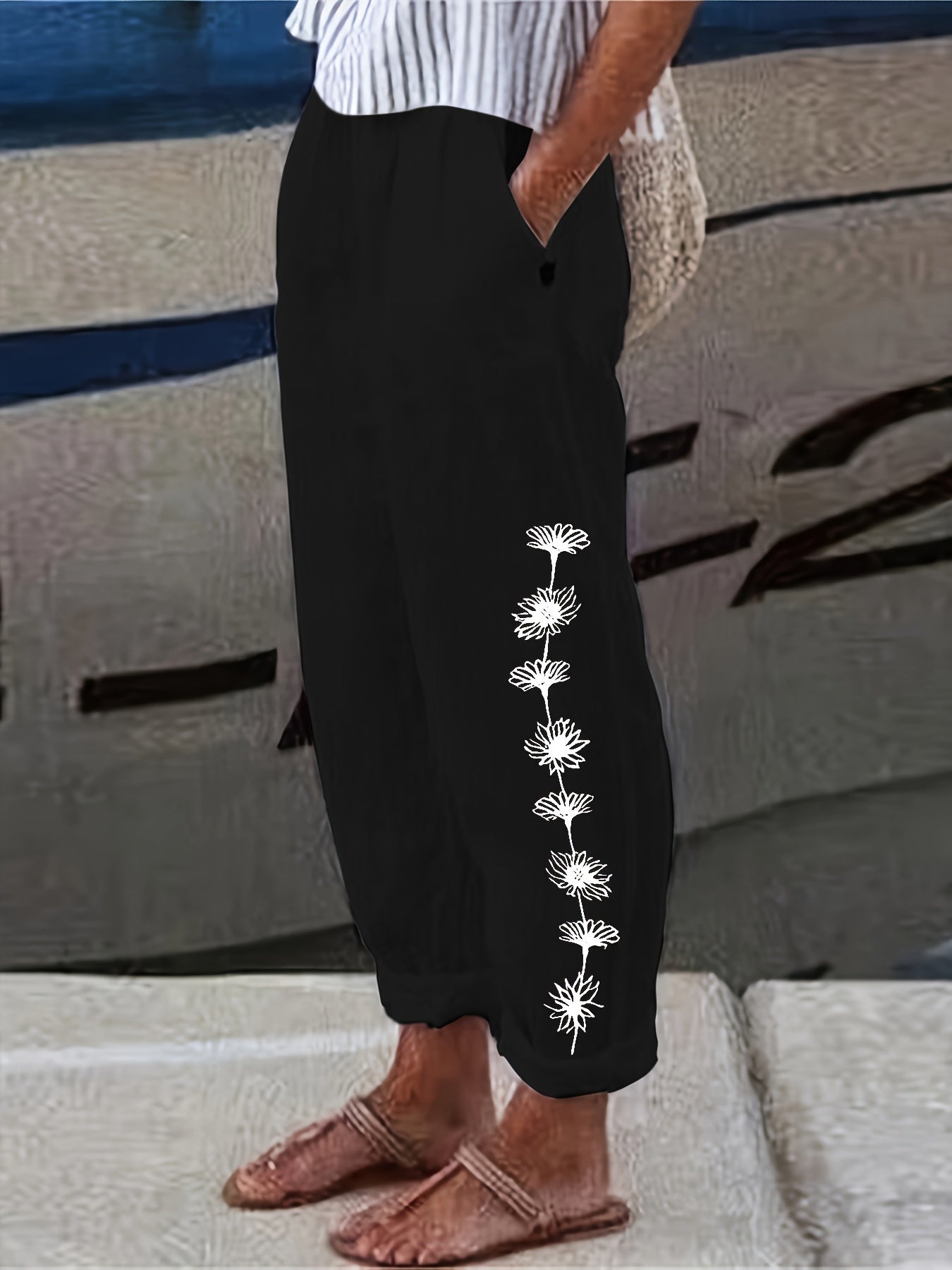 Plus Size Spring Summer Casual Floral Print Pants with Pockets and Elastic Waist, Perfect for Stylish Commuting