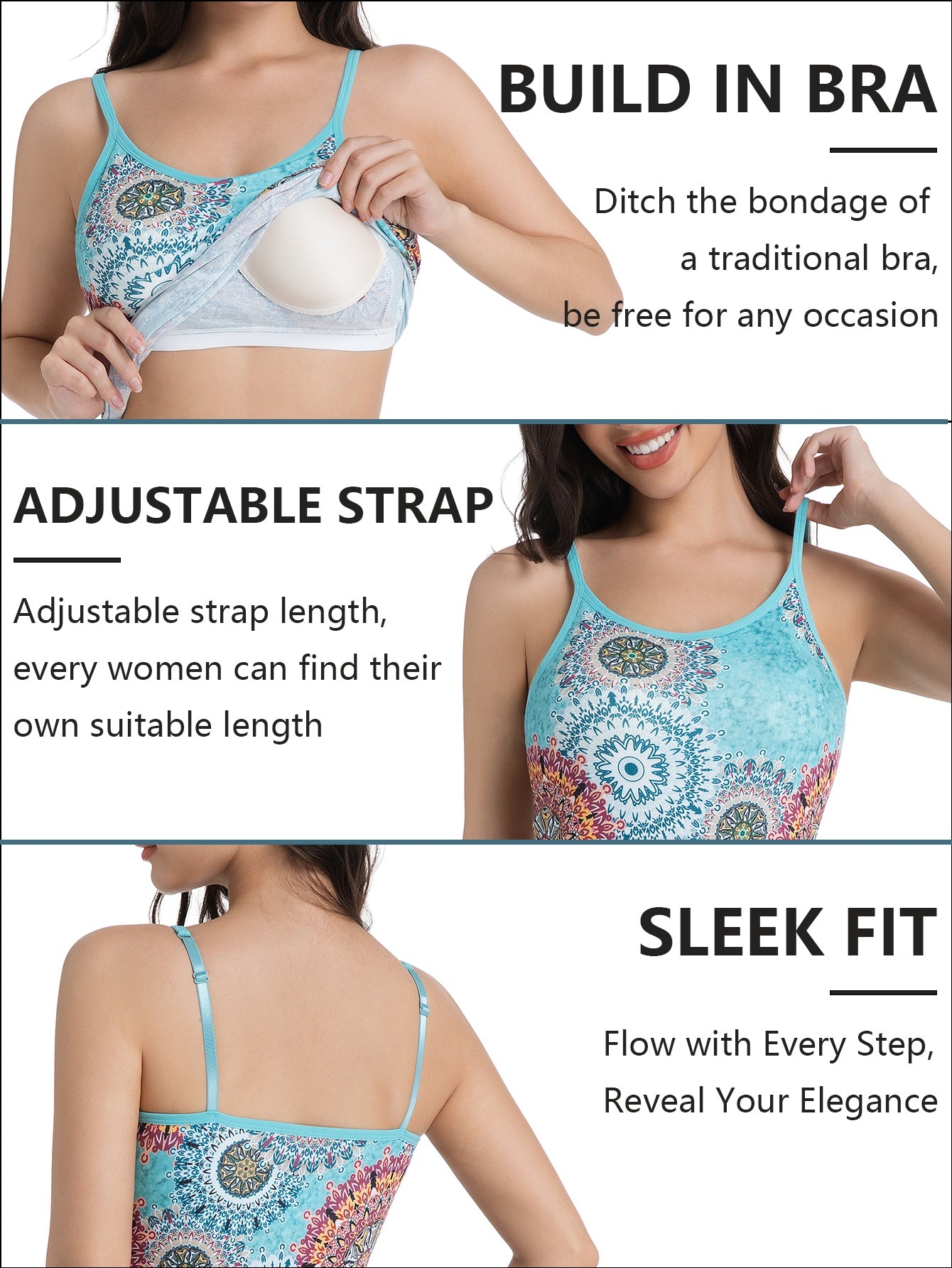 Women's Sleeveless Built-In Bra Tops - Adjustable Spaghetti Strap Layering Tanks/Pajamas, Breathable And Comfortable In Ultra-Soft Seamless Fabric, Ideal for Fall Winter Layering, Perfect for Casual, Formal, Occasions(Black, Turquoise, Orange)