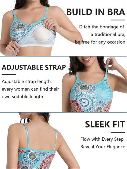 Women's Sleeveless Built-In Bra Tops - Adjustable Spaghetti Strap Layering Tanks/Pajamas, Breathable And Comfortable In Ultra-Soft Seamless Fabric, Ideal for Fall Winter Layering, Perfect for Casual, Formal, Occasions(Black, Turquoise, Orange)