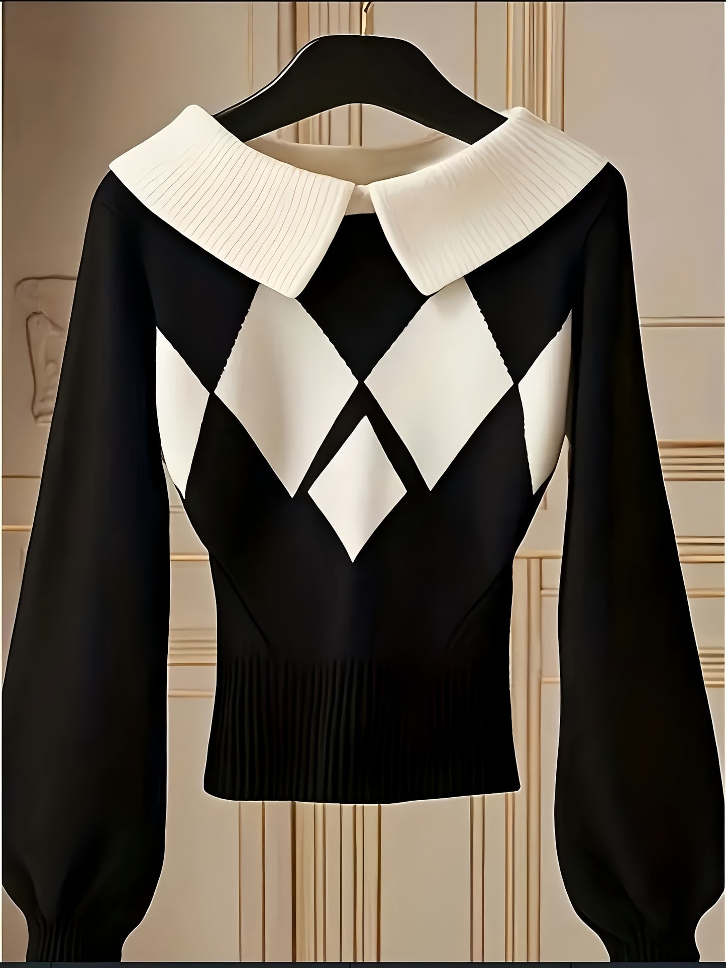 Women'S Elegant Sweater Lapel Diamond Plaid Knitwear Black And White Color Collision Long Sleeve Pullover Fashion Chic Lazy Wind Tops For Office, Party, Daily Wear - Fall And Winter Women'S Trend Tops